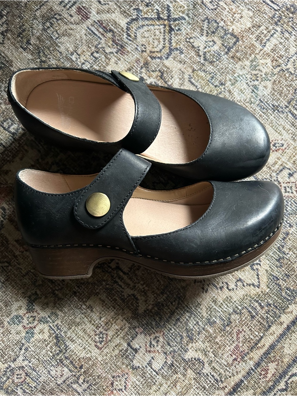 Dansko Beatrice Black Mary Jane Clogs with Brass Button 37